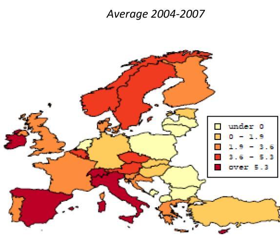 74 Box 14: Pre-crisis and post-crisis crude rates of net migration The map on 2004-2007 averages of crude net migration ( ) highlights that Spain, Italy and Ireland had very high net inflows of
