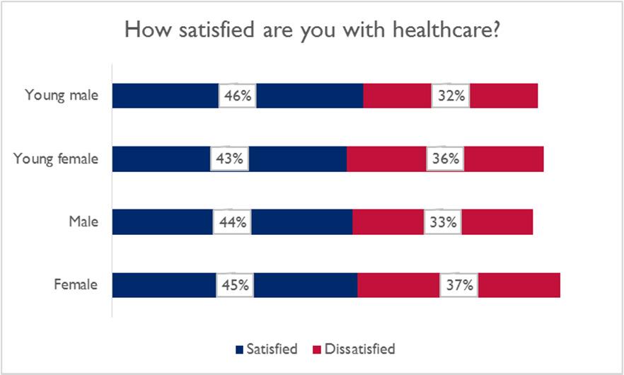 Men and women are equally (dis)satisfied with most of the public services, but women s dissatisfaction with healthcare and young women s dissatisfaction with general security stand out in terms of