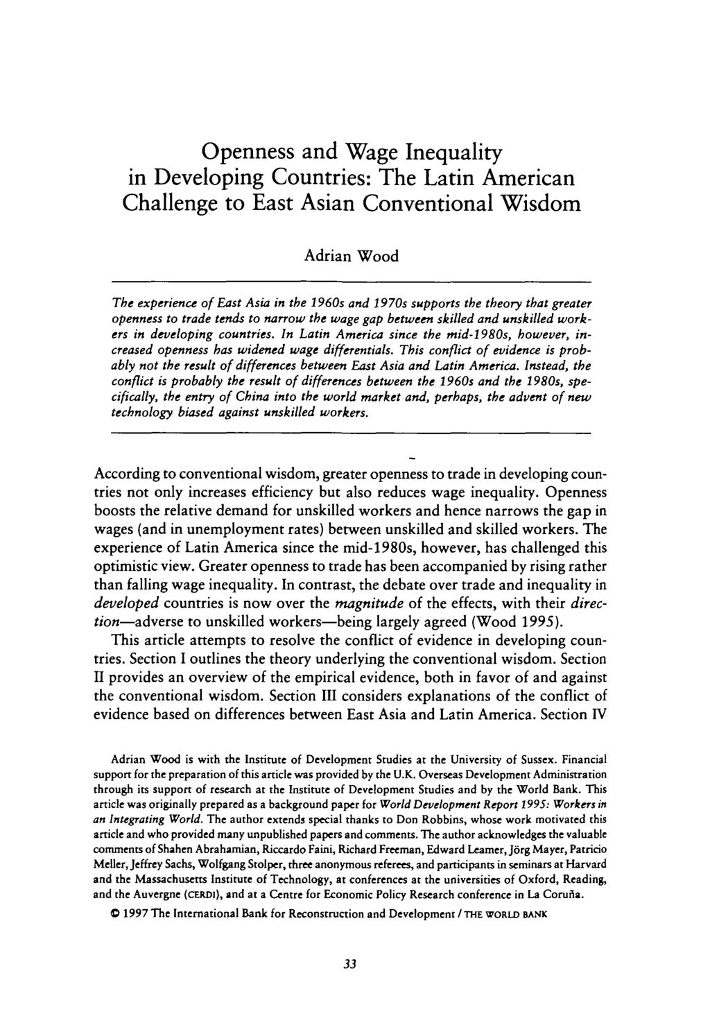 Public Disclosure Authorized Public Disclosure Authorized Public Disclosure Authorized Public Disclosure Authorized Openness and Wage Inequality in Developing Countries: The Latin American Challenge