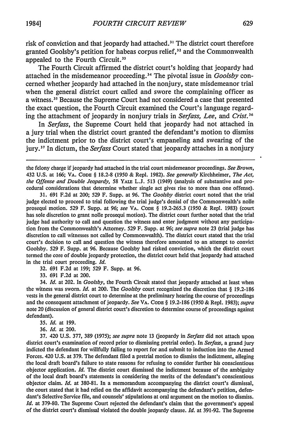 19841 FOURTH CIRCUIT REVIEW risk of conviction and that jeopardy had attached.