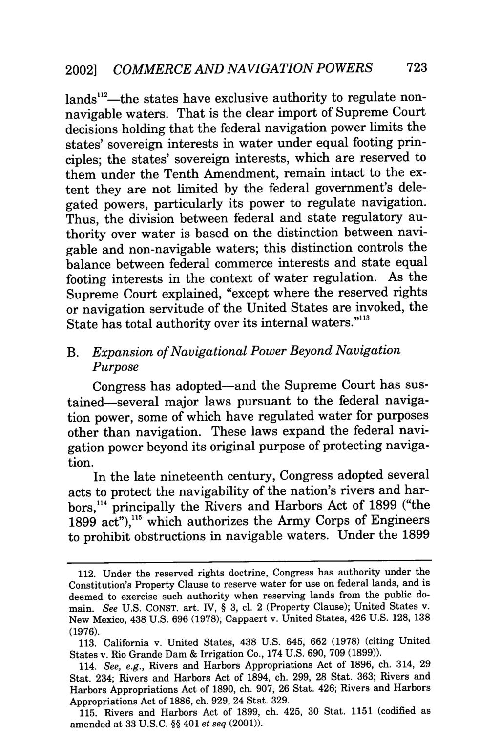 20021 COMMERCE AND NAVIGATION POWERS 723 lands"'2-the states have exclusive authority to regulate nonnavigable waters.