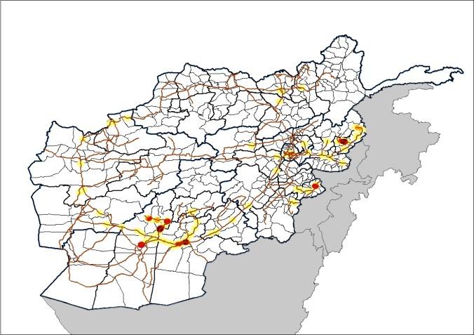 570 km of regional highways were constructed or rehabilitated with asphalt in 2008 Source: USAID, 28 Feb 09 Transportation Infrastructure Attacks on Freedom of Movement (within 500m of ISAF Routes)