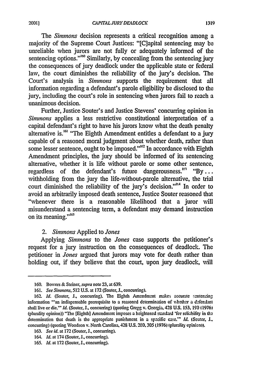 2001] Berberich: Jury Instructions Regarding Deadlock in Capital Sentencing CAPITAL JURY DR4DLOCK The Simmons decision represents a critical recognition among a majority of the Supreme Court