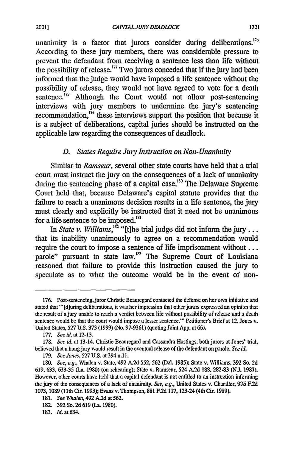 2001] Berberich: Jury Instructions Regarding Deadlock in Capital Sentencing CAPITAL JURY DEADLOCK unanimity is a factor that jurors consider during deliberations.
