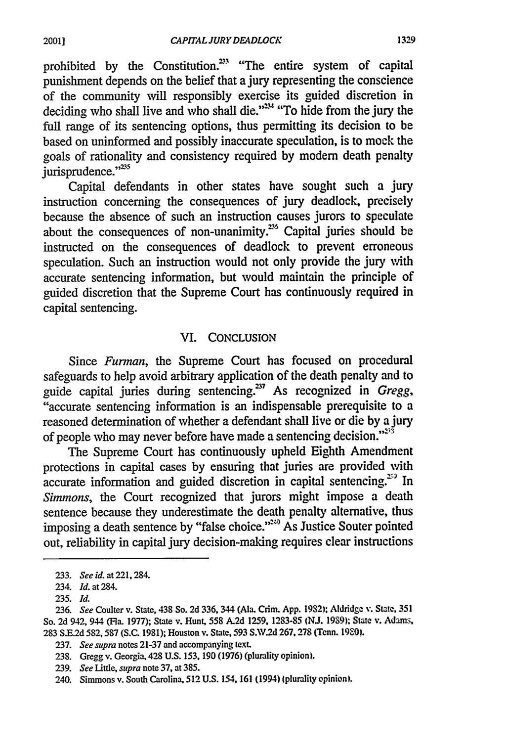 20011 Berberich: Jury Instructions Regarding Deadlock in Capital Sentencing CAPITAL JURY DEADLOCK prohibited by the Constitution.