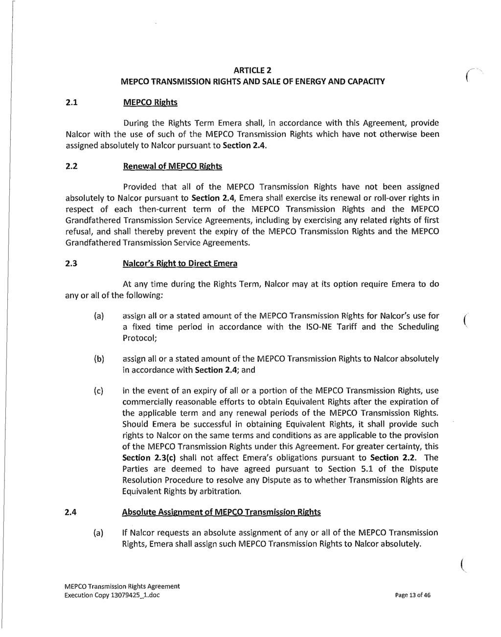 Maritime Link Appendix 2.08 Page 18 of 108 ARTICLE 2 MEPCO TRANSMISSION RIGHTS AND SALE OF ENERGY AND CAPACITY 2.