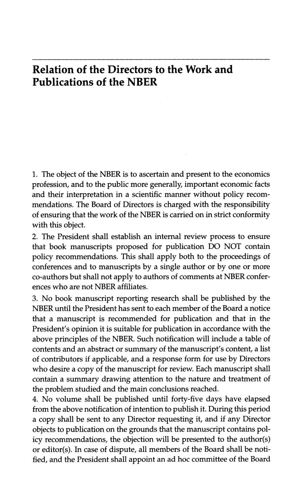 Relation of the Directors to the Work and Publications of the NBER 1.