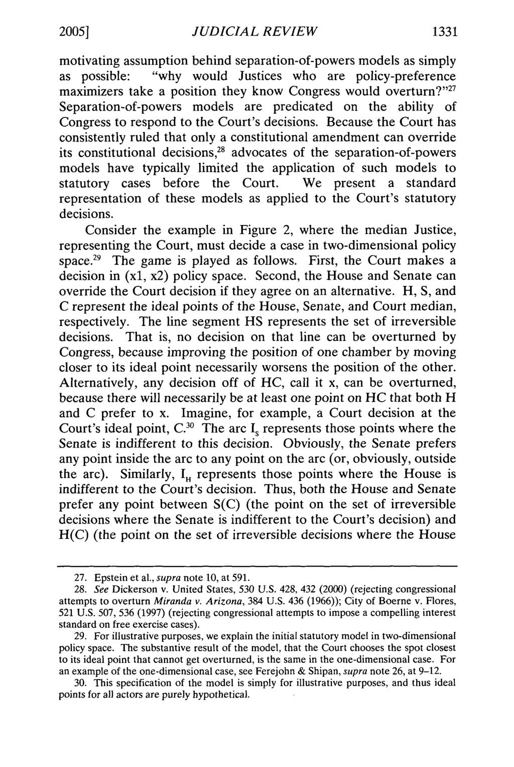 2005] JUDICIAL REVIEW 1331 motivating assumption behind separation-of-powers models as simply as possible: "why would Justices who are policy-preference maximizers take a position they know Congress