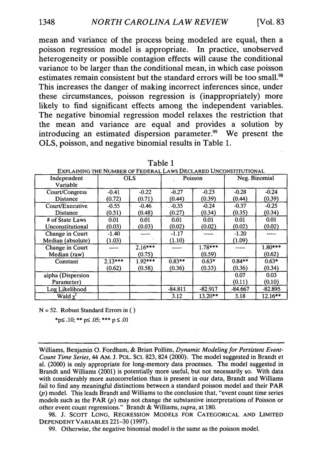 1348 NORTH CAROLINA LAW REVIEW [Vol. 83 mean and variance of the process being modeled are equal, then a poisson regression model is appropriate.