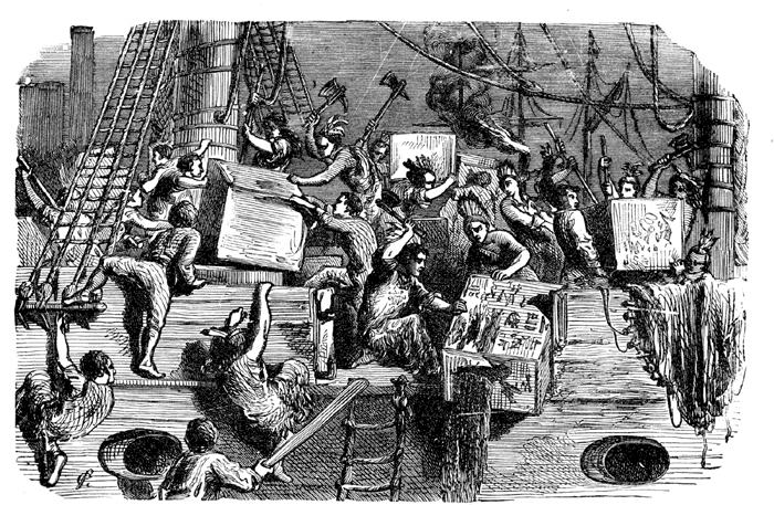 In reaction to the Tea Act, Members of the Sons of Liberty disguised themselves as Native Americans (Mohawks), climbed on to 3 ships and dumped 45 tons of tea into the harbor.
