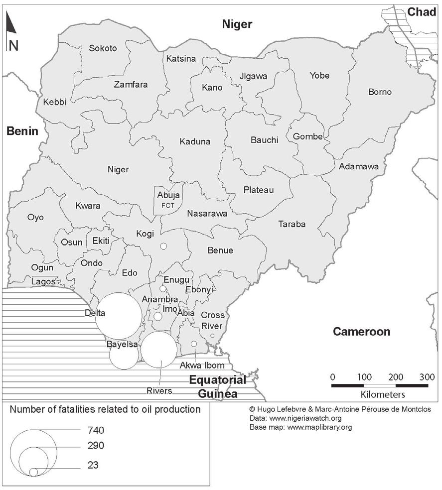 56 Map 2.3 Fatalities resulting from oil production in Nigeria (June 2006-May 204) The rate per 00,000 inhabitants of violent deaths related to oil production is shown in Map 2.4. From this analysis, Delta, Bayelsa, and Rivers appear as the most dangerous states.