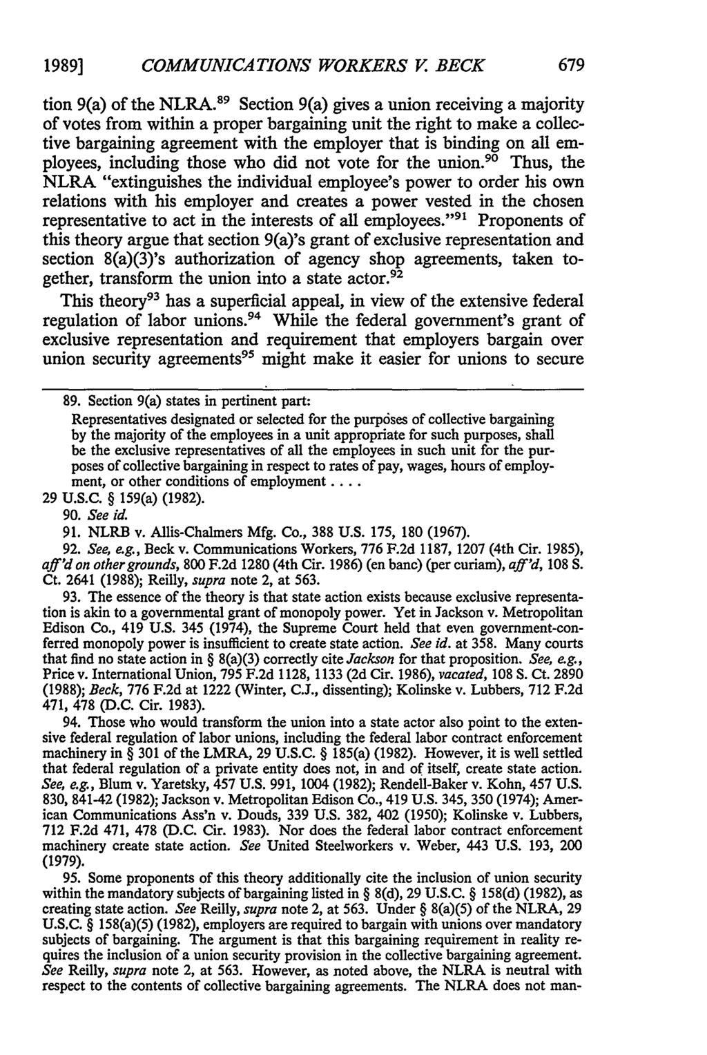 1989] COMMUNICATIONS WORKERS V BECK tion 9(a) of the NLRA.