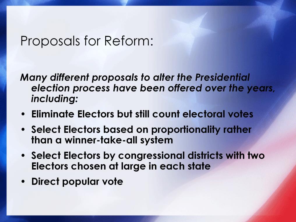 Over the past 200 years more than 700 proposals have been introduced in Congress to reform or eliminate the Electoral College.