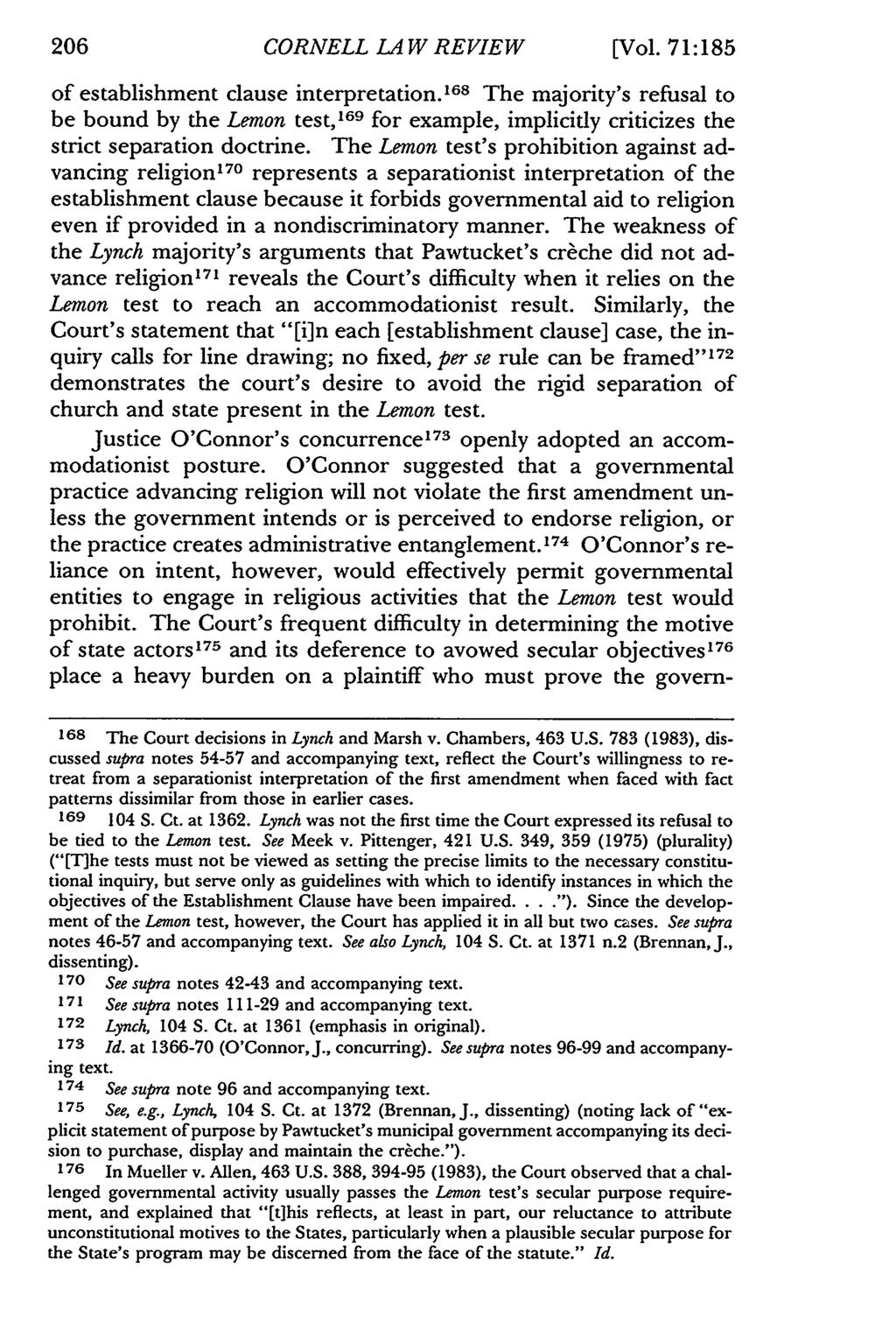 206 CORNELL LAW REVIEW [Vol. 71:185 of establishment clause interpretation.