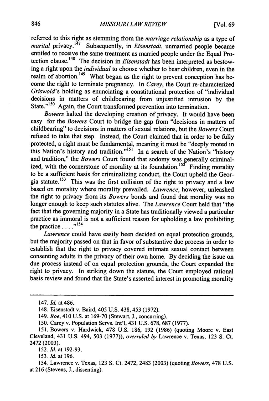 Missouri Law Review, Vol. 69, Iss. 3 [2004], Art. 9 MISSOURI LA W REVIEW [Vol. 69 referred to this right as stemming from the marriage relationship as a type of marital privacy.