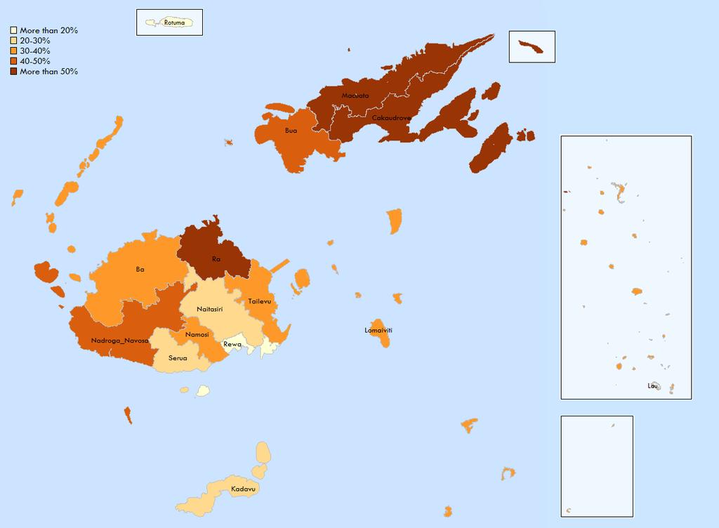 Figure 9: Poverty headcount ratio at the province level, 2008 Poverty incidence is highest (above 50%) in the provinces of Ra, Cakaudrove and Macuata.