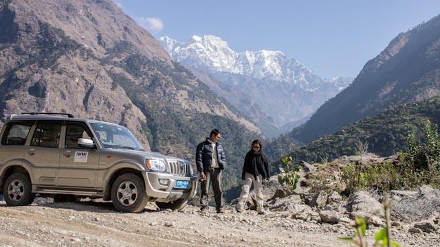 Picture 2: Driving toward Mt. Gaurishanka is in the background, which is the border between Nepal and Tibet, 6 km north of Upper Tamakoshi HP 7.1.