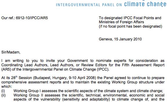 Figure 7.1. Letter from the IPCC secretariat to designated IPCC Focal Points and Ministries of Foreign Affairs requesting expert nominations for the AR5 assessment process.