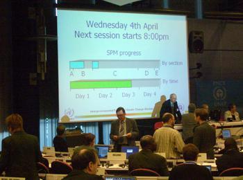 Figure 8.6 The state of progress on day three of the WG II approval session of the AR4. Picture courtesy of ENB reporting services: http://www.iisd.ca/climate/ipwg2/ (last accessed 29.9.2011). 8.3.