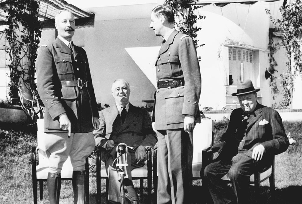 Henri Giraud, Franklin D. Roosevelt, Charles de Gaulle, and Winston Churchill at the Casablanca conference, January 1943.