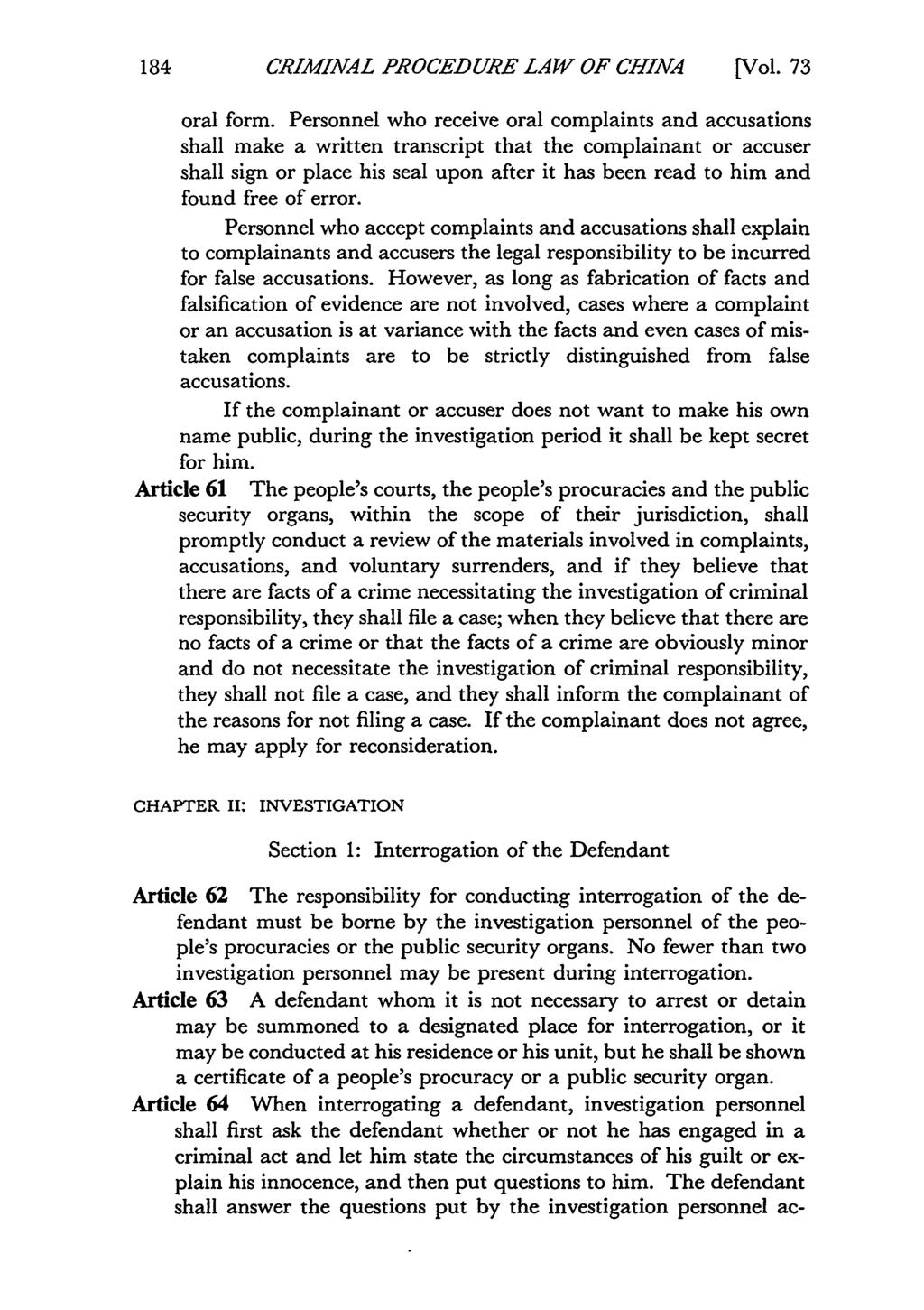 CRIMINAL PROCEDURE LAW OF CHINA [Vol. 73 oral form.
