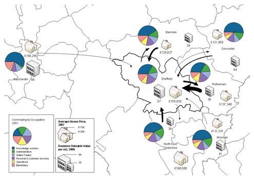 are interdependent but, as illustrated by Figure 3.4, it is clear that Sheffield has developed as the economic centre.