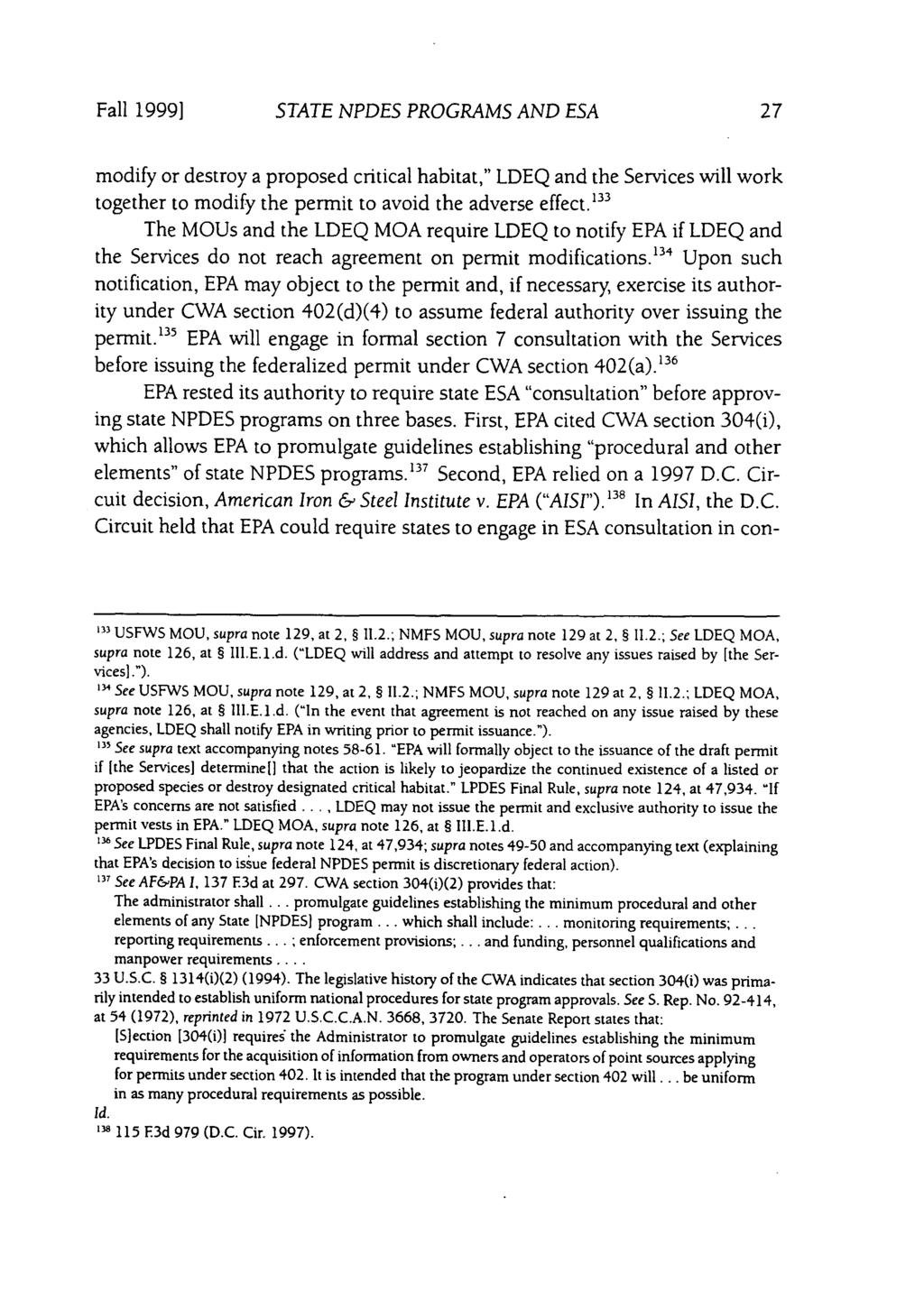 Fall 1999] STATE NPDES PROGRAMS AND ESA modify or destroy a proposed critical habitat," LDEQ and the Services will work together to modify the permit to avoid the adverse effect.