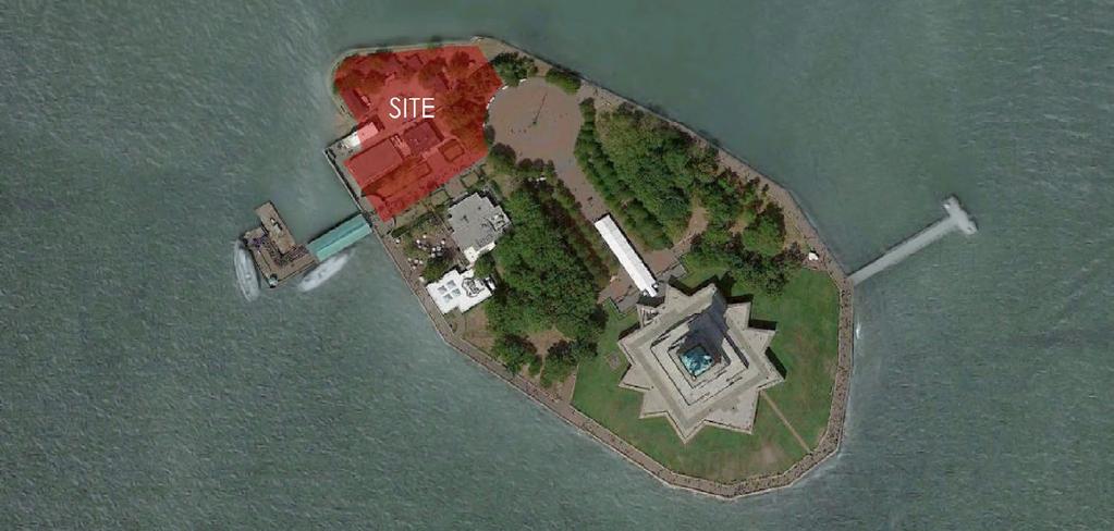 SITE The site is situated in Upper New York Bay on Liberty Island south of Ellis Island, which together comprise the Statue of Liberty National Monument.