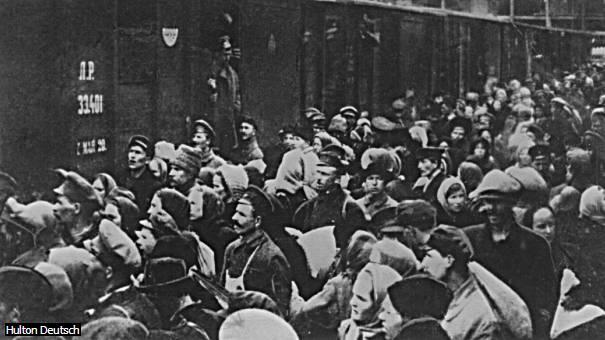 Russian Peasants Mobbing a Train The government, alas, has no real power; the troops, the railroads, the post, and telegraph are in the hands of the Soviet.