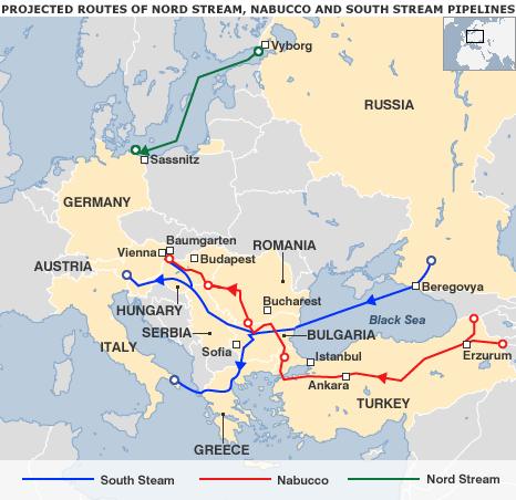 Map 7 - South-Stream, Nord-Stream and Nabucco Pipelines 352 Creating any political willingness among the EU's Member States to reduce their reliance on Russian natural gas faces three enormous