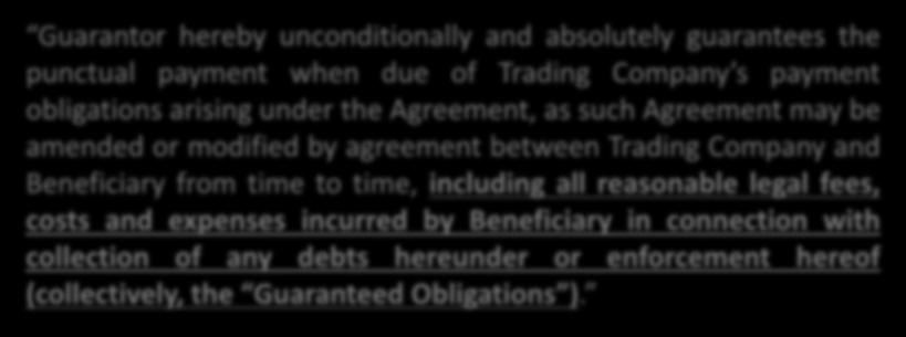 Commonly Negotiated Terms Expenses and Costs: Example Guarantor hereby unconditionally and absolutely guarantees the punctual payment when due of Trading Company s payment obligations arising under