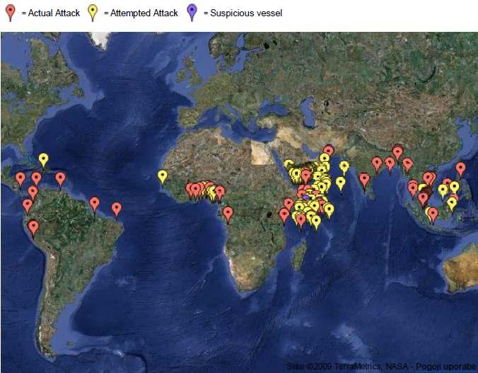 prišlo do 240 napadov, v primerjavi z letom 2008, ko je bilo v enakem času 118 napadov. 93 Slika št. 5: Zemljevid napadov piratov v letu 2009, v živo, dne 17.08.2009 Vir: IMB Live Piracy Map 2009: http://www.