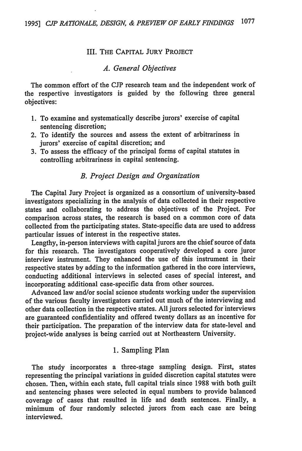 1995] CJP RATIONALE, DESIGN, & PREVIEW OF EARLY FINDINGS 1077 III. THE CAPITAL JURY PROJECT A.