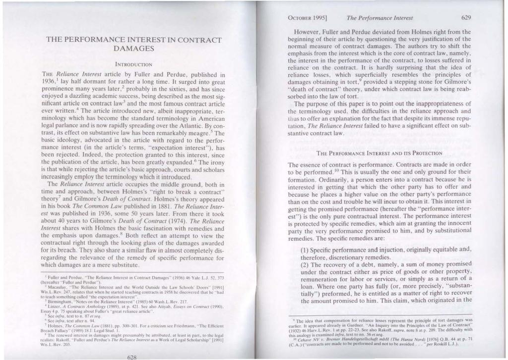 62H OCTOBER 1995) The Performance /merest 629 THE PERFORMANCE INTEREST IN CONTRACf DAMAGES IN I RODUCllON Tm: Reliance llllere.h article by Fuller and Perdue, pubh<;hed in 1936.