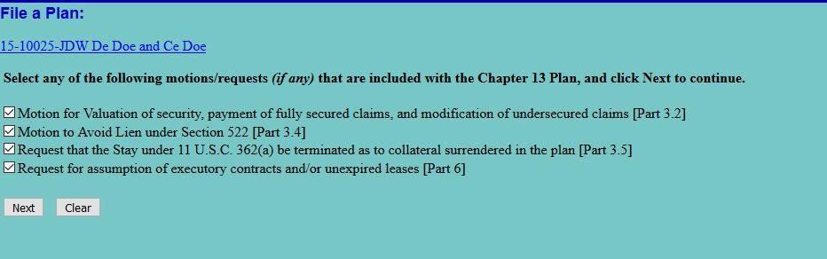 FILING THE NEW CHAPTER 13 PLAN AND NOTICE OF PLAN IN CM/ECF 1. Submit the required information in CM/ECF under Bankruptcy>Plan>Chapter 13 Plan. 2.