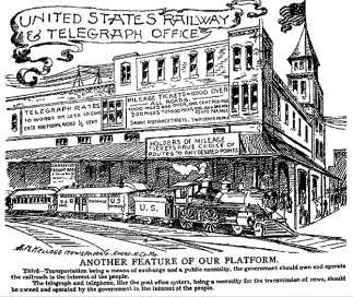 Omaha Platform of 1892 1. System of sub-treasuries. 2. Abolition of the National Bank. 3. Direct election of Senators. 4. Govt. ownership of RRs, telephone & telegraph companies. 5.
