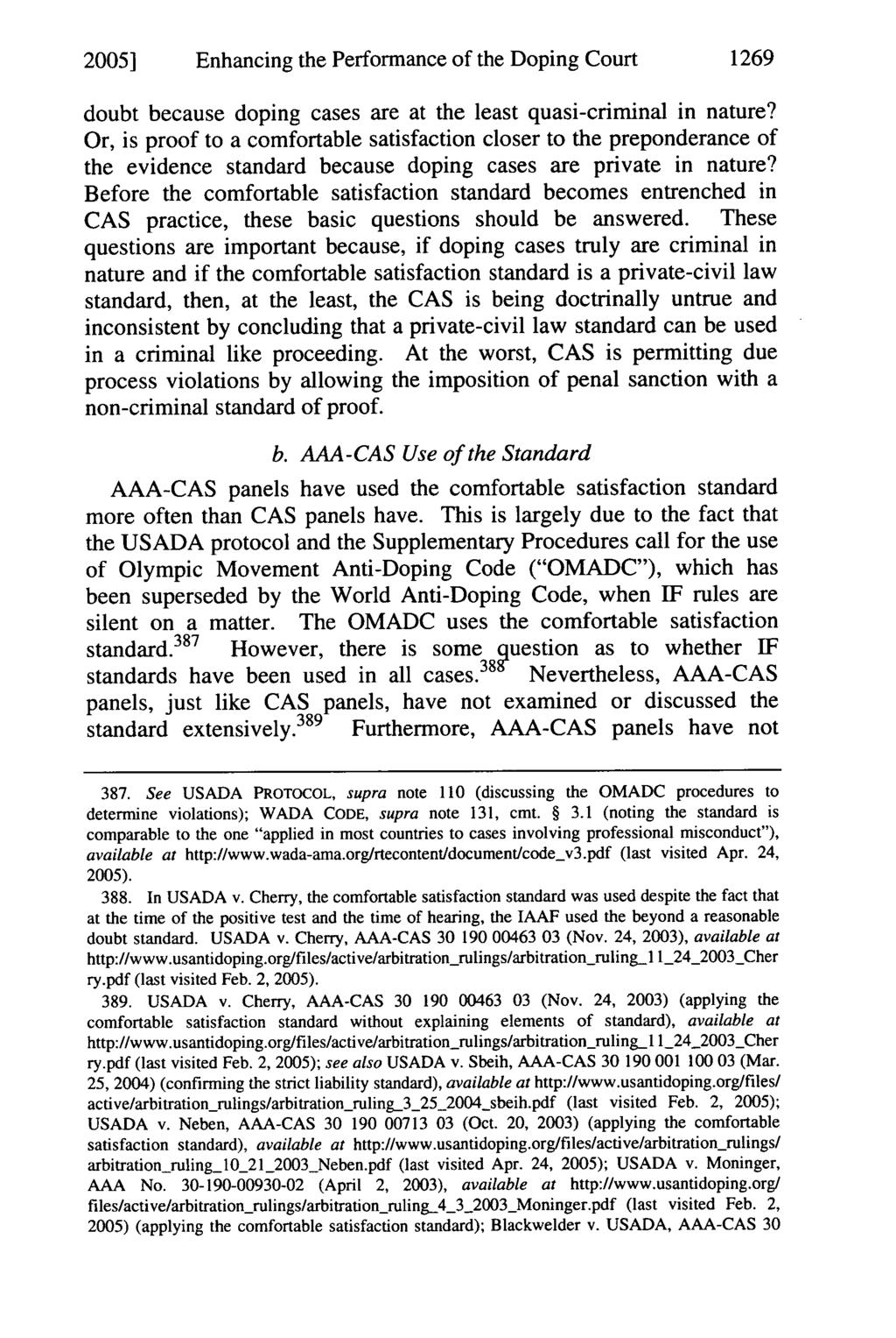 2005] Enhancing the Performance of the Doping Court 1269 doubt because doping cases are at the least quasi-criminal in nature?