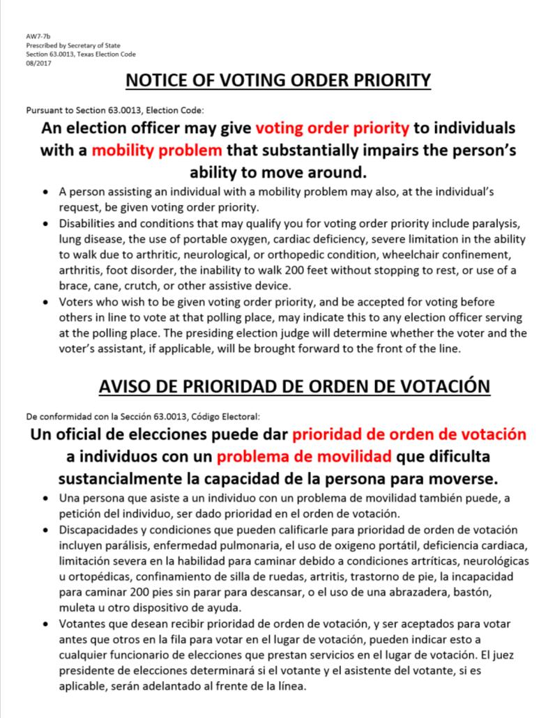 NOTICE OF VOTING ORDER PRIORITY The Presiding Judge may allow a voter with mobility problems, and any assistant if requested, to be moved forward in line and be processed before