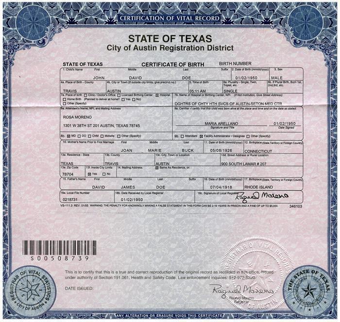 CERTIFIED BIRTH CERTIFICATE (must be an original) It may be from another state or country, does not have to be from Texas. It must not be a copy of a certified copy.