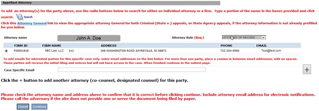 Double Click on the attorney to enter data into the fields. Select the attorney role from the drop down menu and click continue.