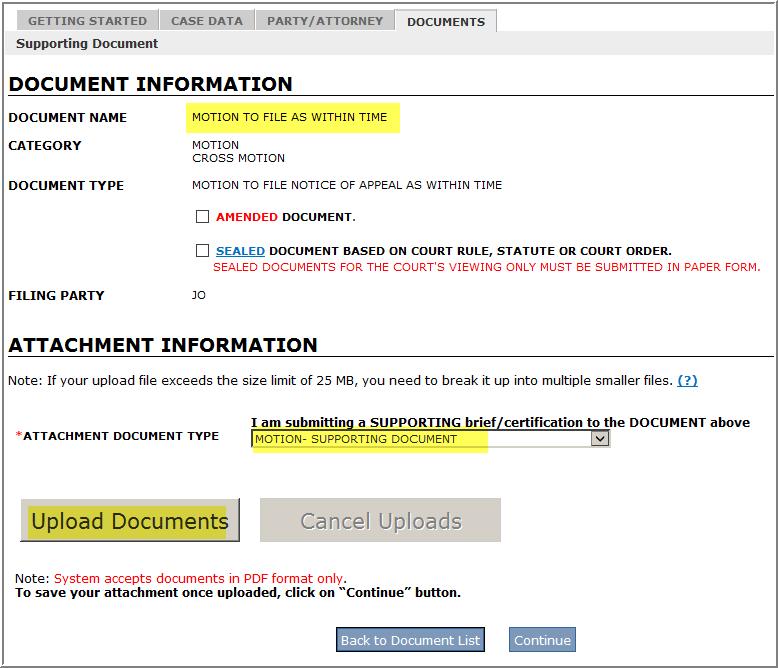 Motion supporting document Upload Supporting Document The system will insert an entry for the required motion supporting documentation. Click the Edit button to upload.