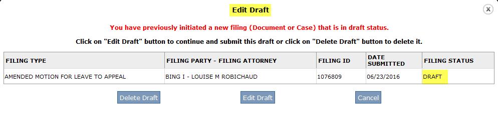 To complete a case or document in draft status, click the Edit button under