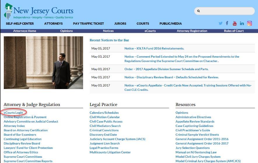 com and click on Attorneys. Click ecourts Login.