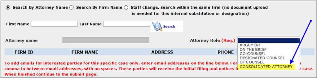 field. To add a second designated counsel or co-counsel click the + button. Click Continue when complete.