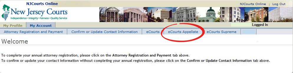 Application Access Click on the ecourts Appellate tab. Prior to accessing ecourts Appellate, you should verify your firm information by selection the Confirm or Update Contact Information tab.