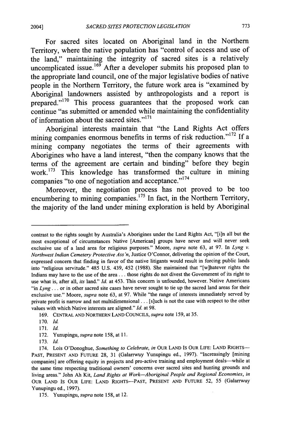 2004] McDonald: Secularizing the Sacrosanct: Defining "Sacred" for Native America SACRED SITES PROTECTION LEGISLATION For sacred sites located on Aboriginal land in the Northern Territory, where the