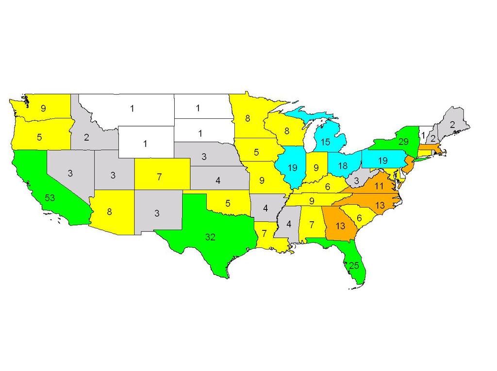 Nineteen seats would be reassigned from six states (CA, AZ, TX, GA, NC, and NY) to thirteen states (MN, WI, MI, OH, PA, IL, MO, CT, MA, ME, WA, OR, and MT).