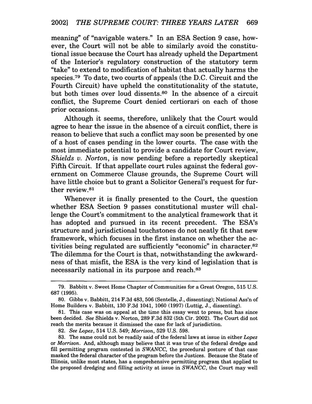 2002] THE SUPREME COURT: THREE YEARS LATER 669 meaning" of "navigable waters.