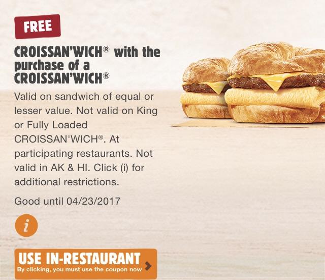 Case 1:17-cv-01204-JFM Document 1 Filed 05/02/17 Page 7 of 35 18. Burger King currently runs a coupon promotion that offers a free Croissan wich with the purchase of an initial Croissan wich: 19.