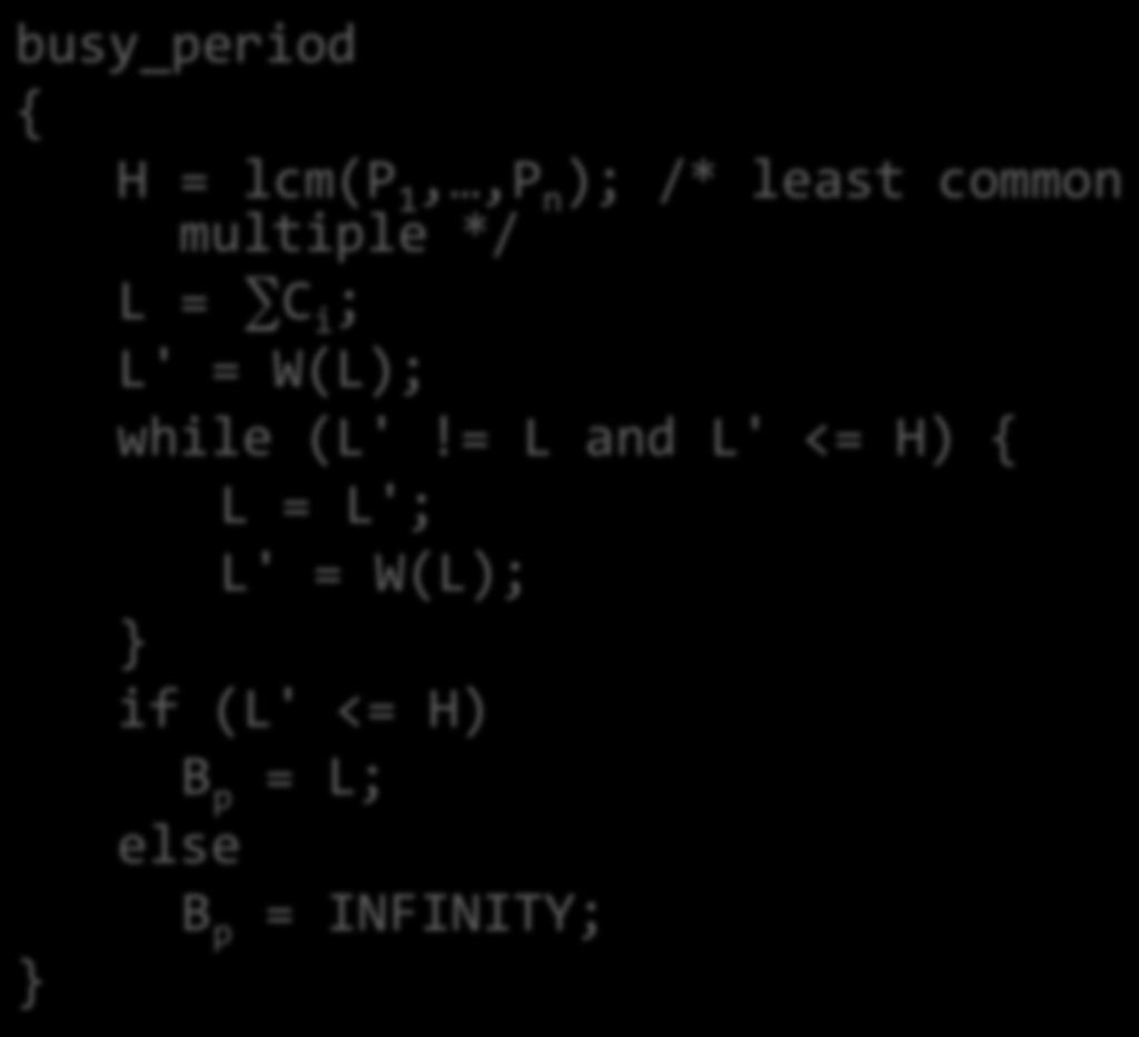Compute Busy Period busy_period { H = lcm(p 1,,P n ); /* least common multiple */ L = C i ; L' = W(L);